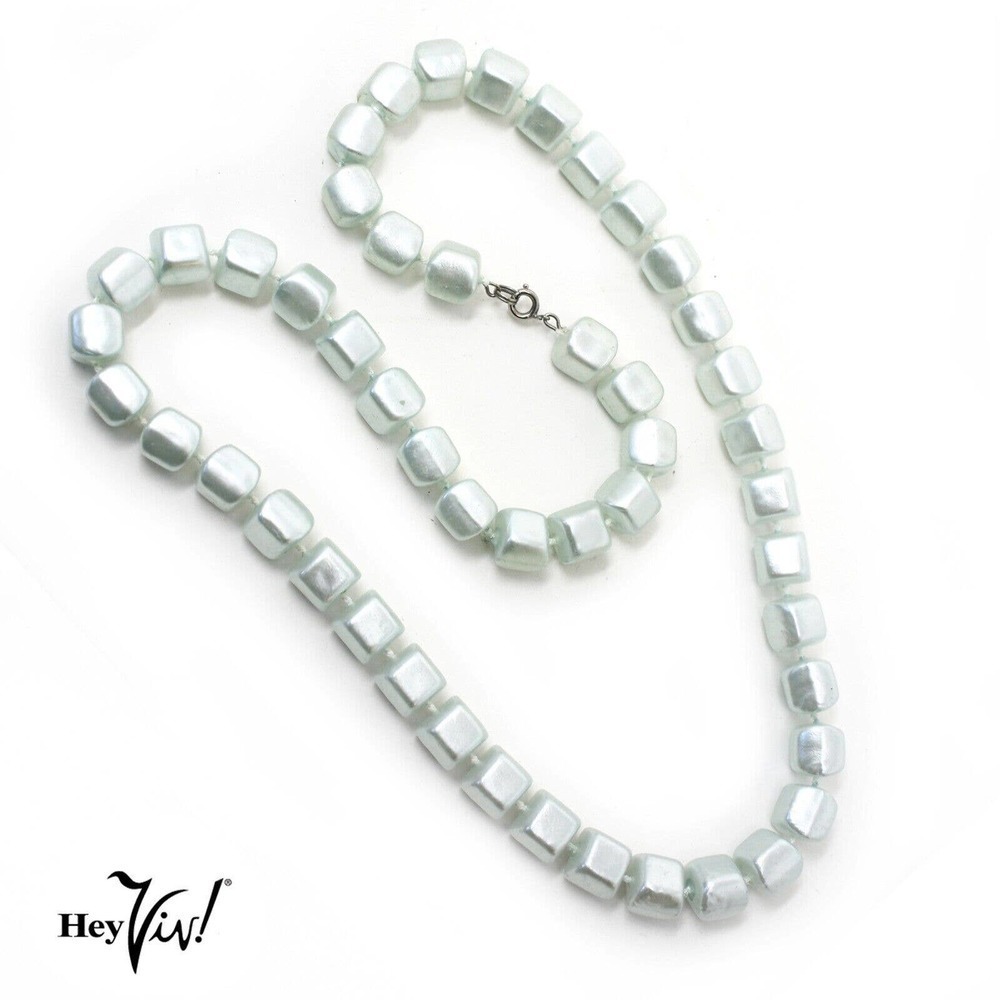 Vintage Single Strand Iridescent Light Blue Square Bead Necklace - 24" - Hey Viv